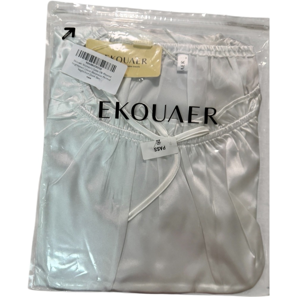 EKOUAIER Womens Satin Silk Nightgown Pleated Loose Sleepwear Nightshirt NEW M